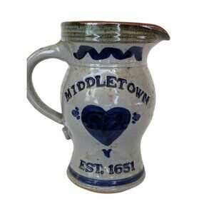 Middletown CT Pottery Jug Blue Heart Souvenir Est 1651 Farmhouse Decor 6.5"